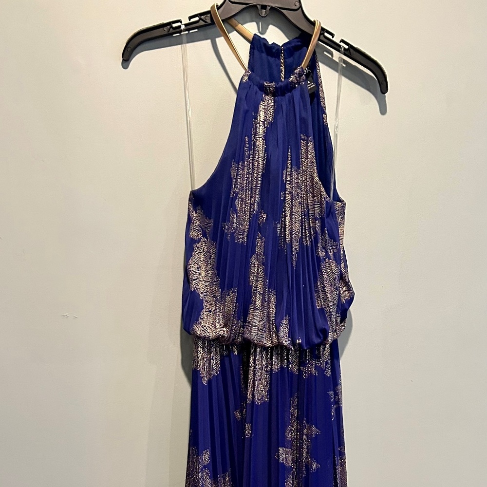 MSK Metallic-Print Pleated Blouson Gown Navy and Gold Size 6